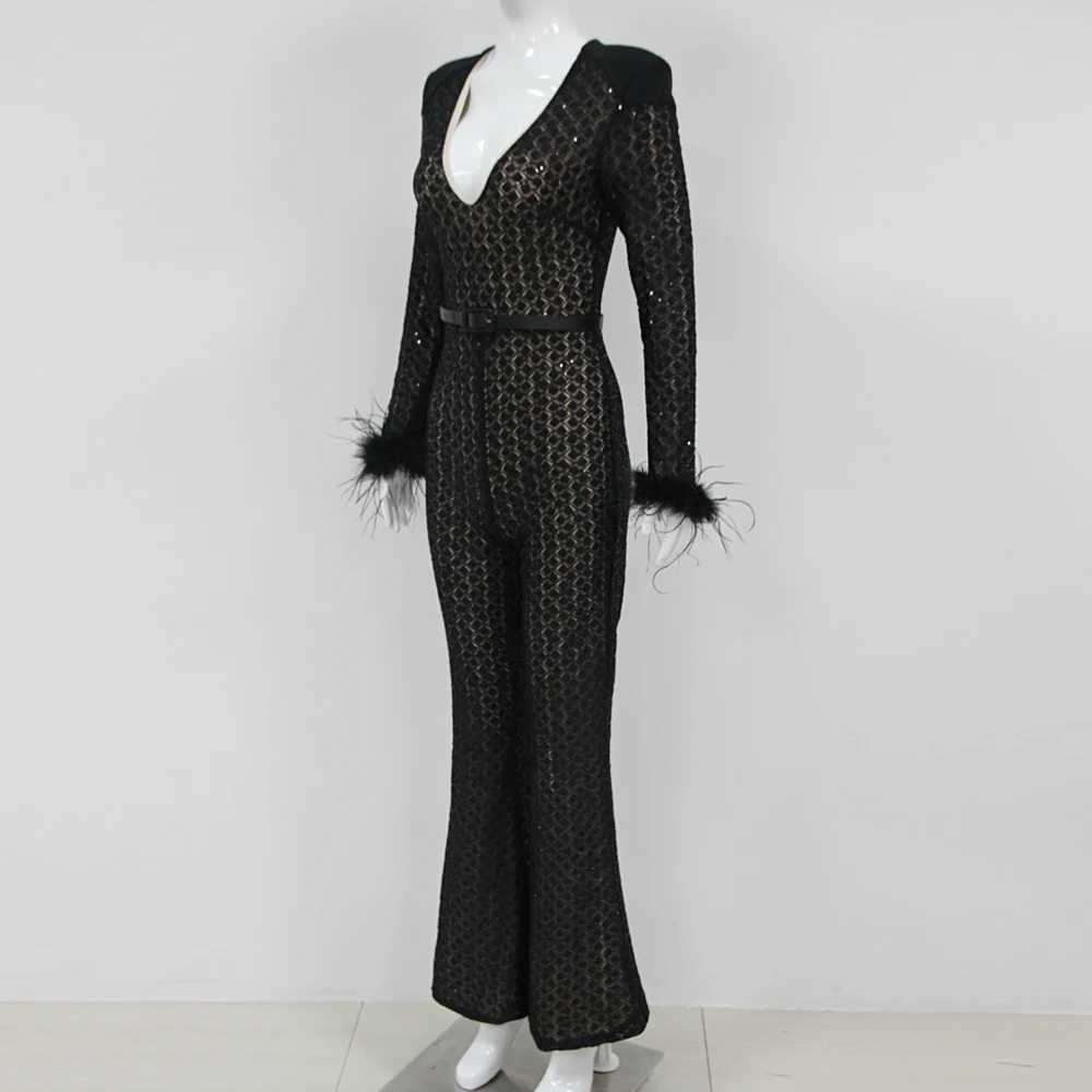 KLEEZY new womens sexy V-neck long sleeved feather black sequin tight and elegant party jumpsuit W240924