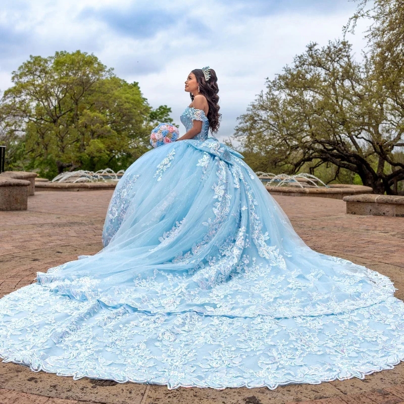 Sky Blue Shiny Princess Quinceanera Dresses Ball Gown Off the Shoulder Applique Lace Beads Tull Sweet 16 Dress Vestido 15 De Anos