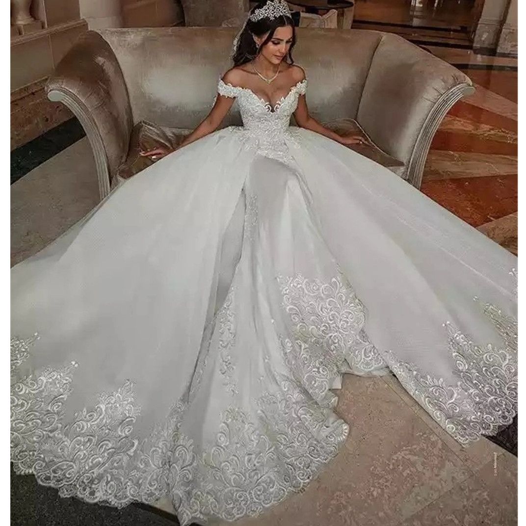 Arabic Plus Size Off Shoulder Mermaid Wedding Dress Appliques Lace Detachable Stunning Aso Ebi Bridal Gowns 2024 Custom made