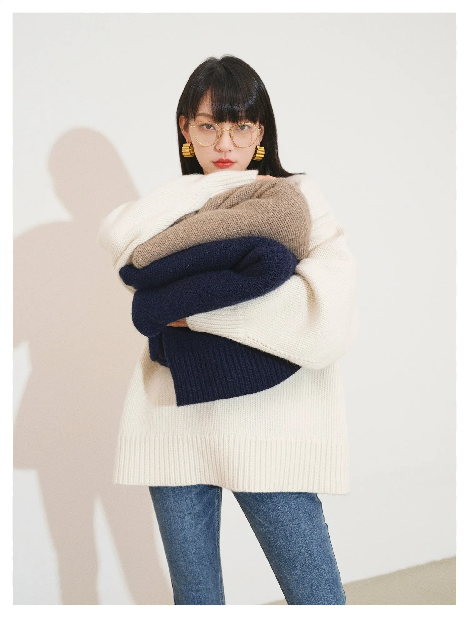 European round neck 100% cashmere sweater womens thick lazy silhouette sweater womens loose knit bottom sweater 240924