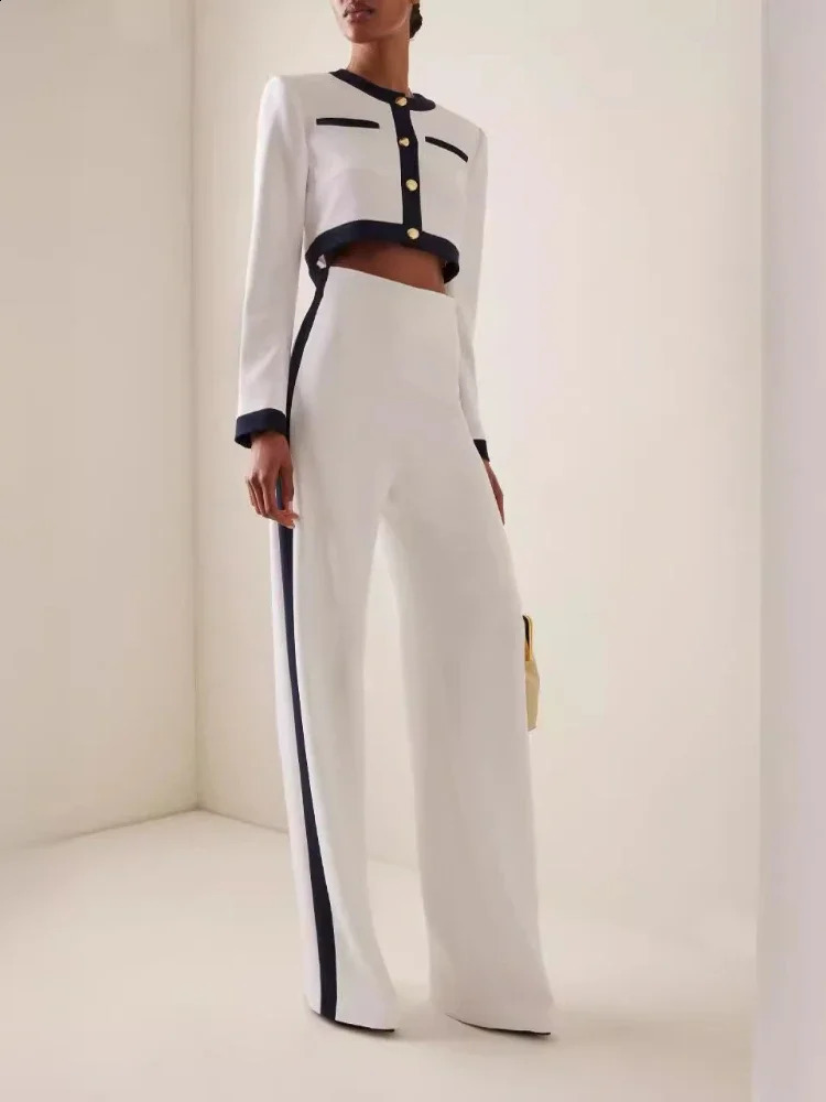 Fashion twopiece womens round neck long sleeved patchwork work single chest button top loose wide leg pants casual set autumn 240924