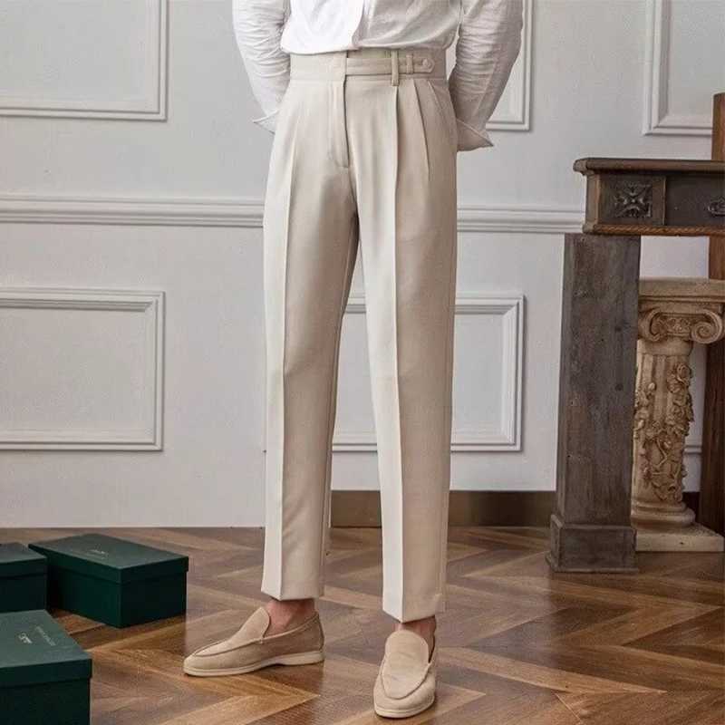 Old Money Aesthetic Mens Suit Trousers Stylish Belt Buttoned High-waisted Pants Men Fall Vintage Solid Color Slim Straight Pants Z240924