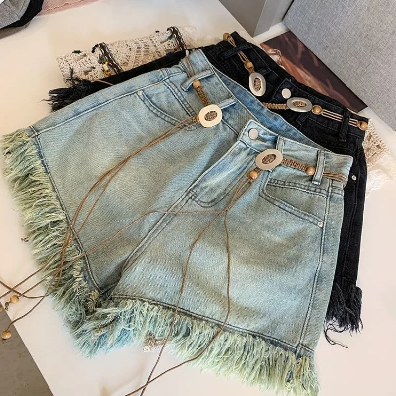 Baggy Womens Short Jeans Loose Edges High Waist Y2k Harajuku Womens Denim Shorts Casual Stretch Low Price 240924