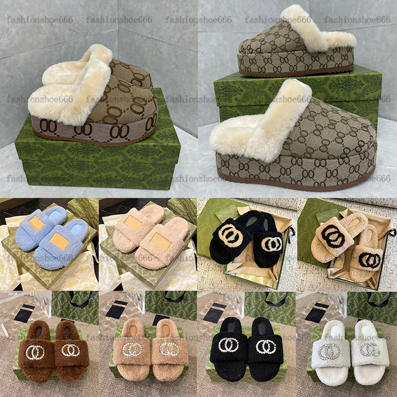designer slider sandals slippers fashion embroidered canvas Mules Platform Embroidered Linen thick bottom down style black wool fuzzy furry woman sliders 35-42