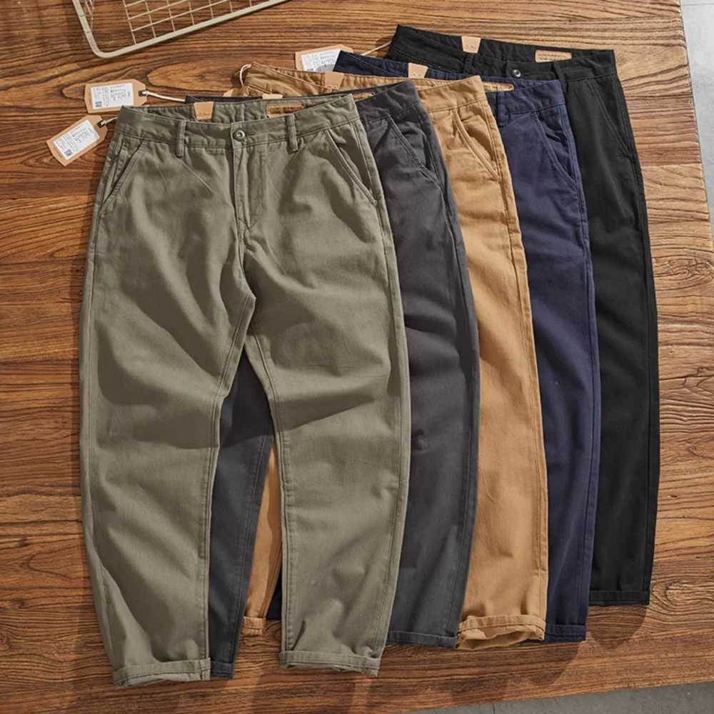 May Khaki American retro simple cargo pants mens heavy chino casual pants straight leg all matching tapered pants M240924