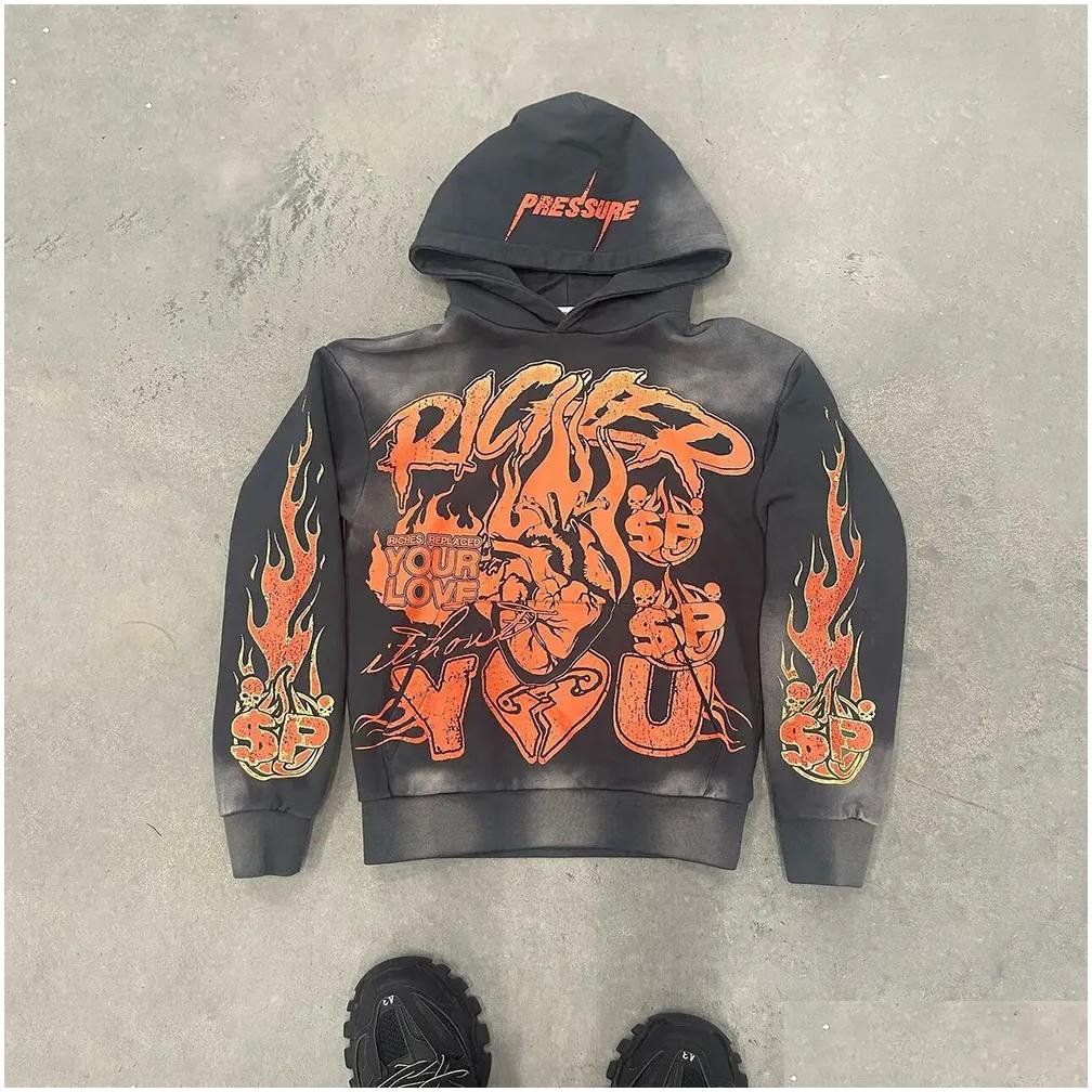Mens Hoodies Sweatshirts Designer Vintage Graphic Print Pullover Haruku Retro Y2K Streetwear High Street Washed Black Hoodie Drop D Otmj7