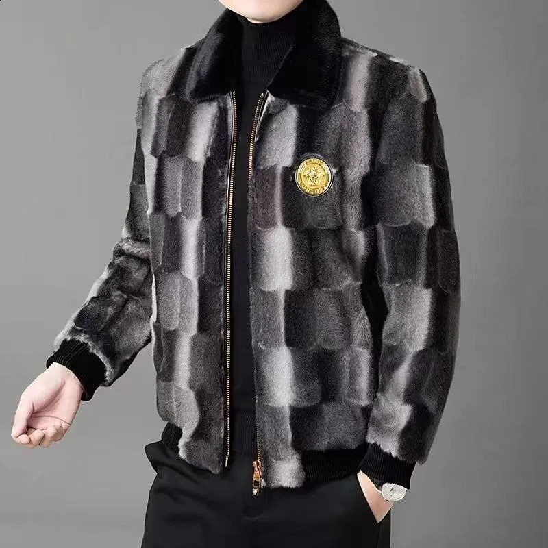 Winter mens ultra-thin mink coat fashionable polo collar large-sized thick fur coat integrated with casual short coat 240924