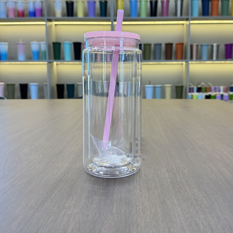 20oz Plastic Snow Globe Tumbler Acrylic Mason Jar with hole and plug 500ml Clear Mason Can PP Drinking Cup