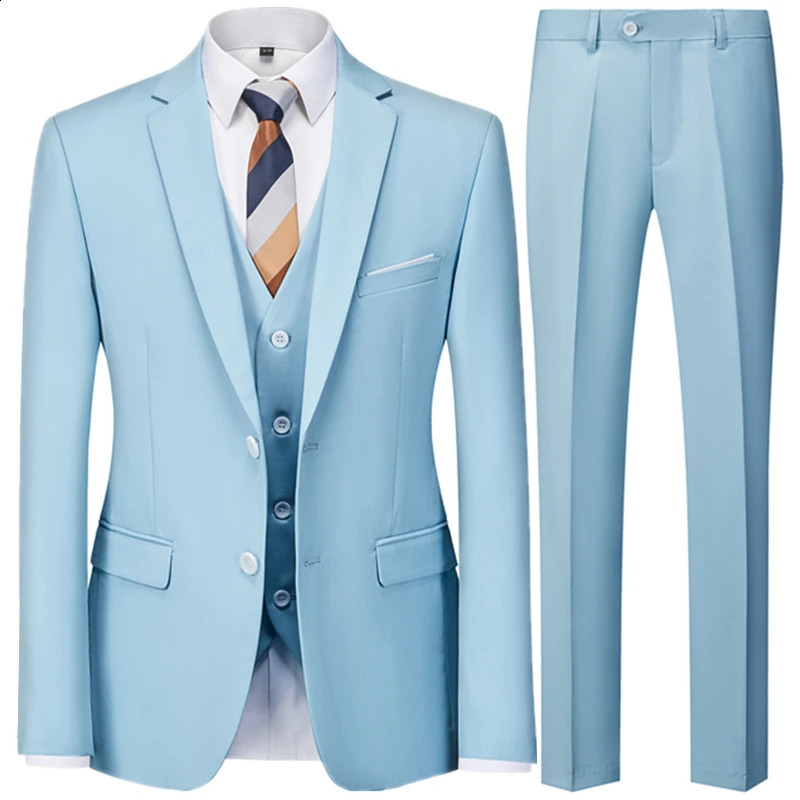 Fashion Mens Wedding Solid Color Casual Business Suit 3 Pieces Set Male Two Button Blazers Trousers Pants Vest Waistcoat 240923