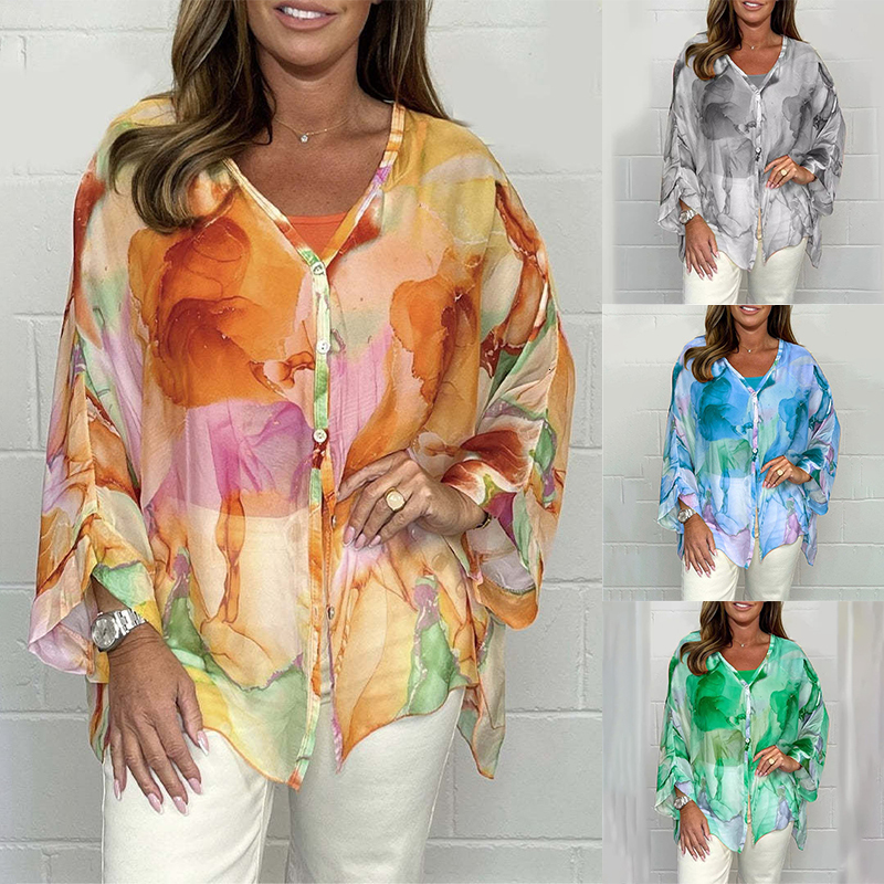 2026 New Elegant Woman Shirt Printing Blouses Tops Fashion Loose Long Sleeves Chiffon Casual Temperament V neck Ladies Clothes