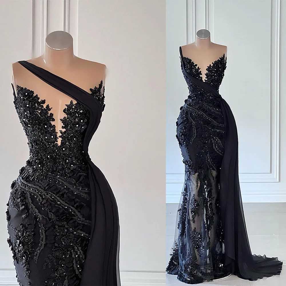 Modern Mermaid Ball Dress with Sexy V-neck Beads Embroidered Lace Customization Detachable Train Formal Party Dress Black W240924
