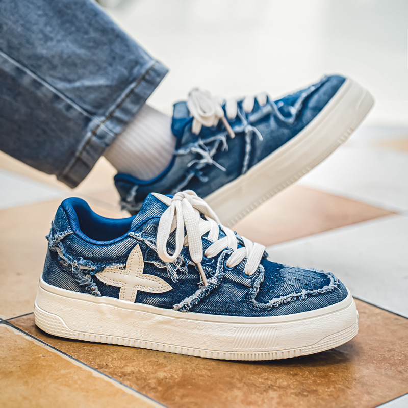 Men's Canvas Thick Sole Heightening Fashion Sneakers: Trendy Red Blue Print, Versatile Casual Shoes 1ec2