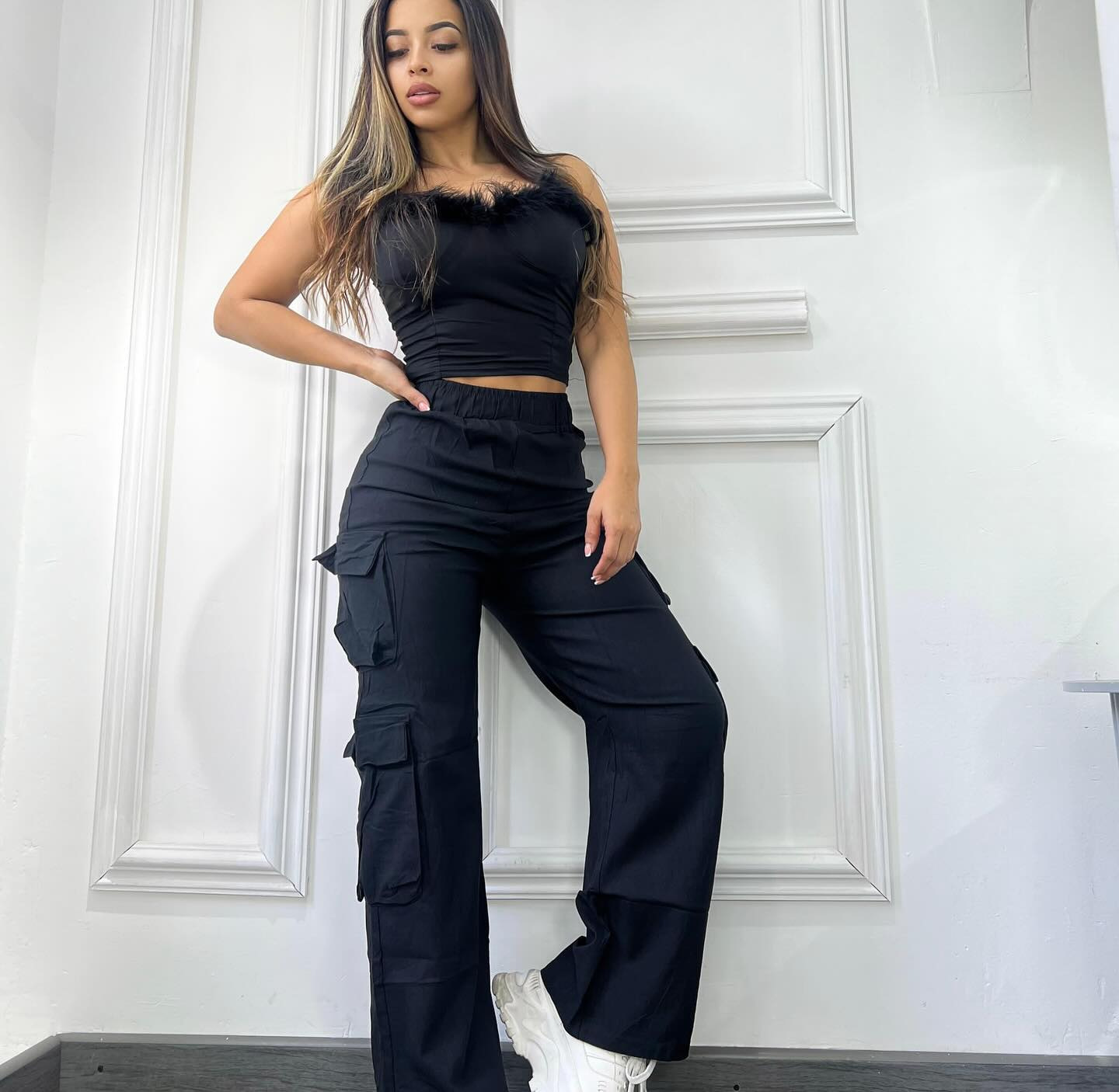 Pockets Cargo Women Casual Elastic Waist Wide Leg Pants Trousers Free Ship Z260314