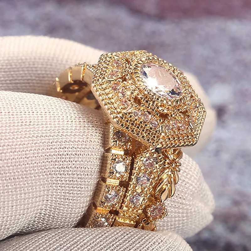 Huitan Trendy Luxury 3 PC Bridal Ring Set Noble Royal Gold Cube Zircon Factory Wholesale Womens Midi Ring W240925