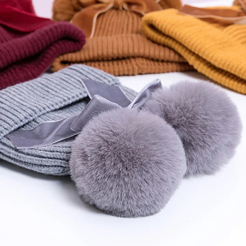 Baby Stuff Double Pompom Hat Winter Knitted Childrens Girls Warm Thick Bean 240925