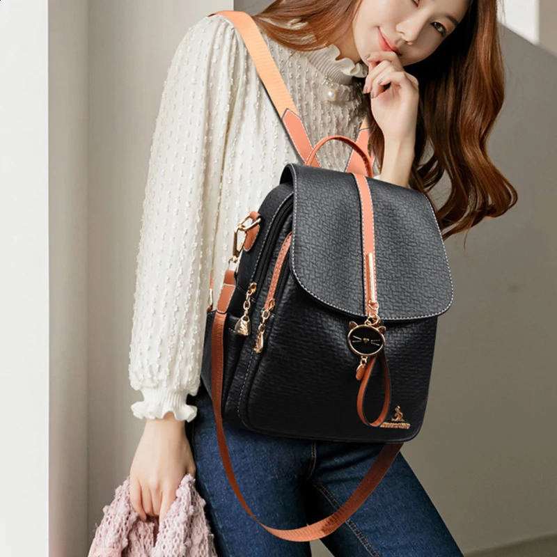 Womens large capacity backpack wallet womens retro bag school travel highquality leather 240724