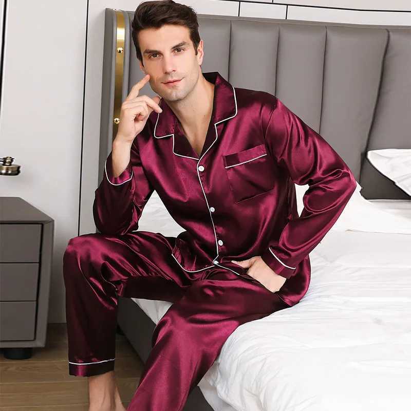 Mens Pajamas Suit Summer Ice Silk Slpwear Shr Thin Long-Slved Loose Large Size Loungewear Suit Silky Satin Nightwear M240925