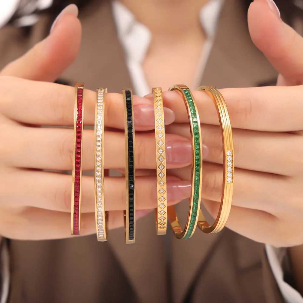 Waterproof Luxury Green Black White Cubic Zirconia Bangles Stainless Steel Open Bracelet Bangle 18k Plated Fashion Jewelry WomenX240925