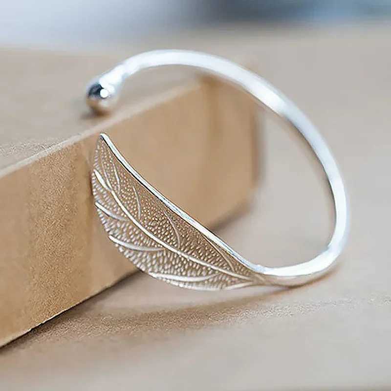 Fashion 925 Sterling Silver Woman Cuff Bracelet Open Leaf Shaped Adjustable Charm Bangle Girls Party Jewelry Christmas GiftsX240925