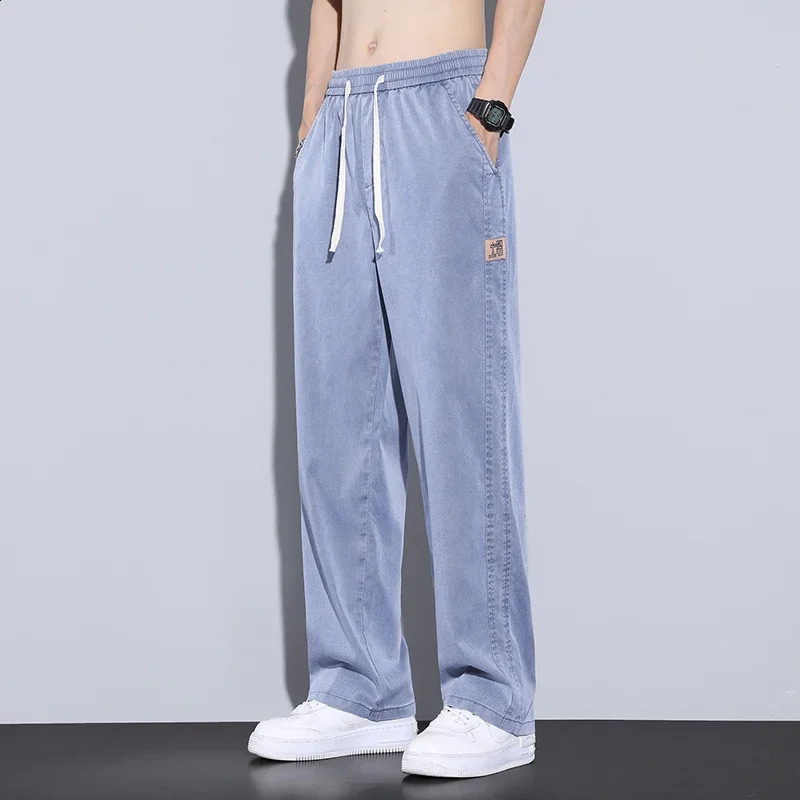Summer Ultra Thin Lyocell Mens Loose Jeans Elastic Straight Pull Wide Leg Casual Denim Pants 240925