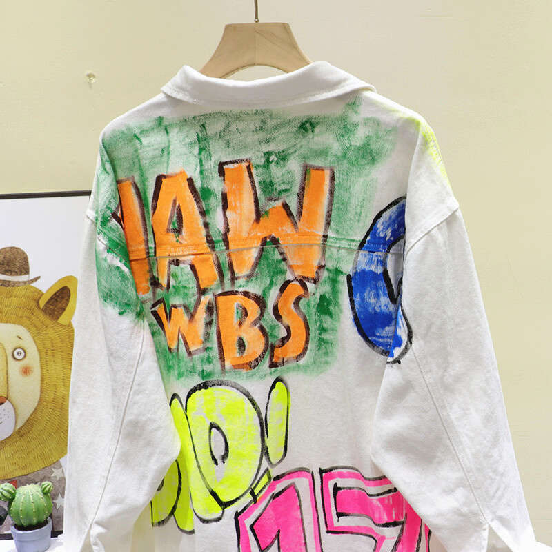 Streetwear Fashion Letter Graffiti Denim Jacket Coat Women Loose Mid Long White Cowboy Outerwear Big Pocket Jeans Jackets Female