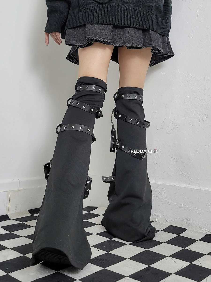 Other Fashion Accessories REDDACHiC Steampunk Leather Harness Leg Warmers Women Retro Black Boots Cover Thigh Long Socks Grayu Y2k Harajuku Emo Stree 