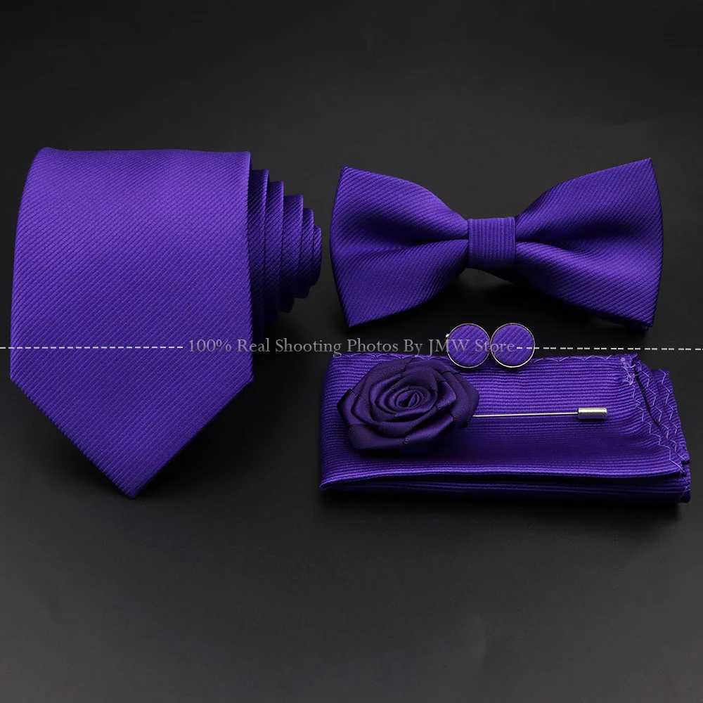 Hot S Red Blue Tie Set Polter Slim Striped Necktie Bowtie Cufflink Brooch For Gro Suit Wedding Cravat Shirt Accessory Y240925