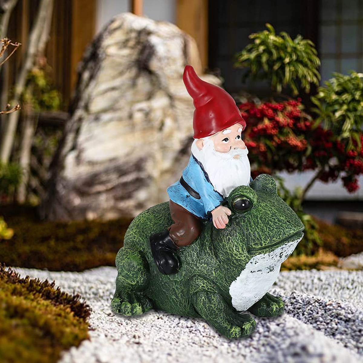 Gnome Riding Frog Statue Fairy Garden Decoration Funny Gnome Doll Gnome Resin Craft Statue