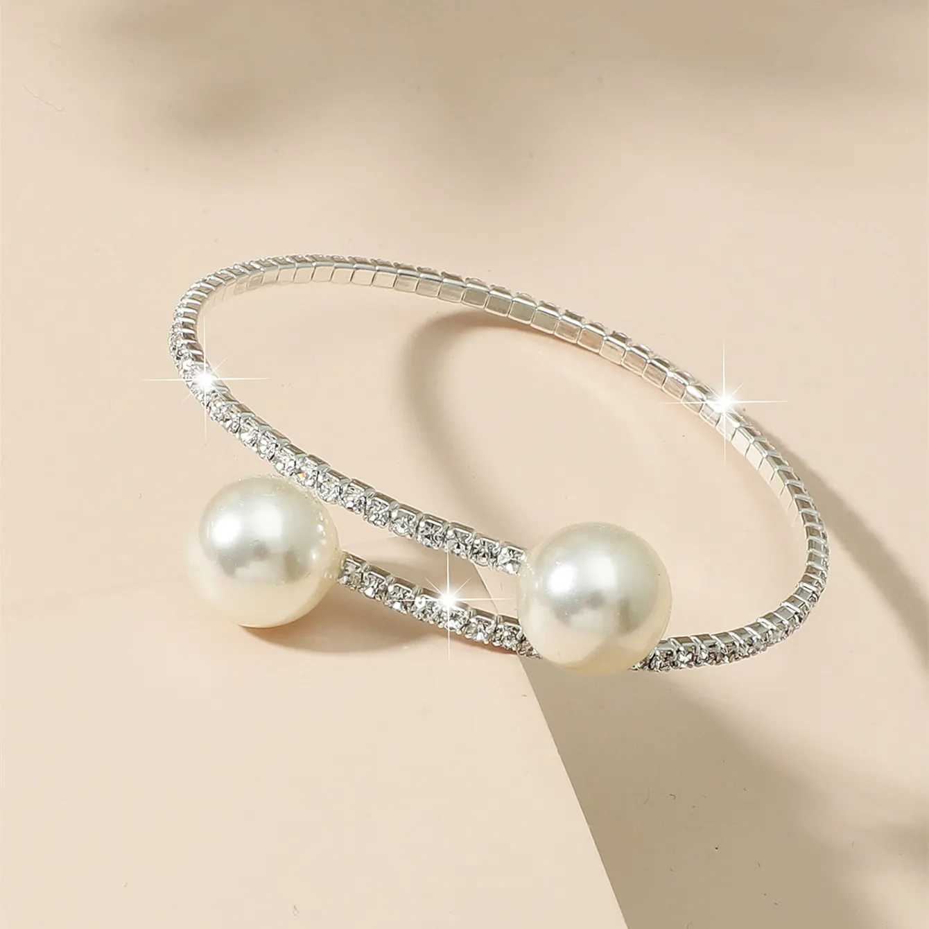 Elegant Crystal Imitation Pearl Open Bracelets for Women Gold Silver Plated Cuff Bangles necklace set Pulseras Mujer JewelryX240925