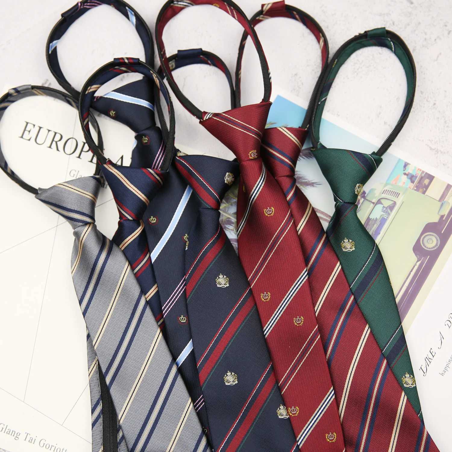 Mens zip tie mens zip tie womens suit 7cm striped lazy tie slim girls tie Gravatas rubber pre tie Y240925