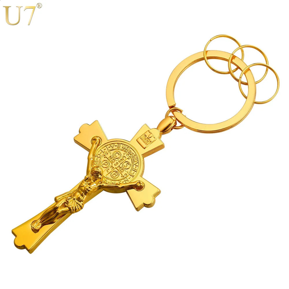 U7 Classic Cross Saint Benedict keychain wholesale gold mens keychain holder keychain with box K007 QC24 240924