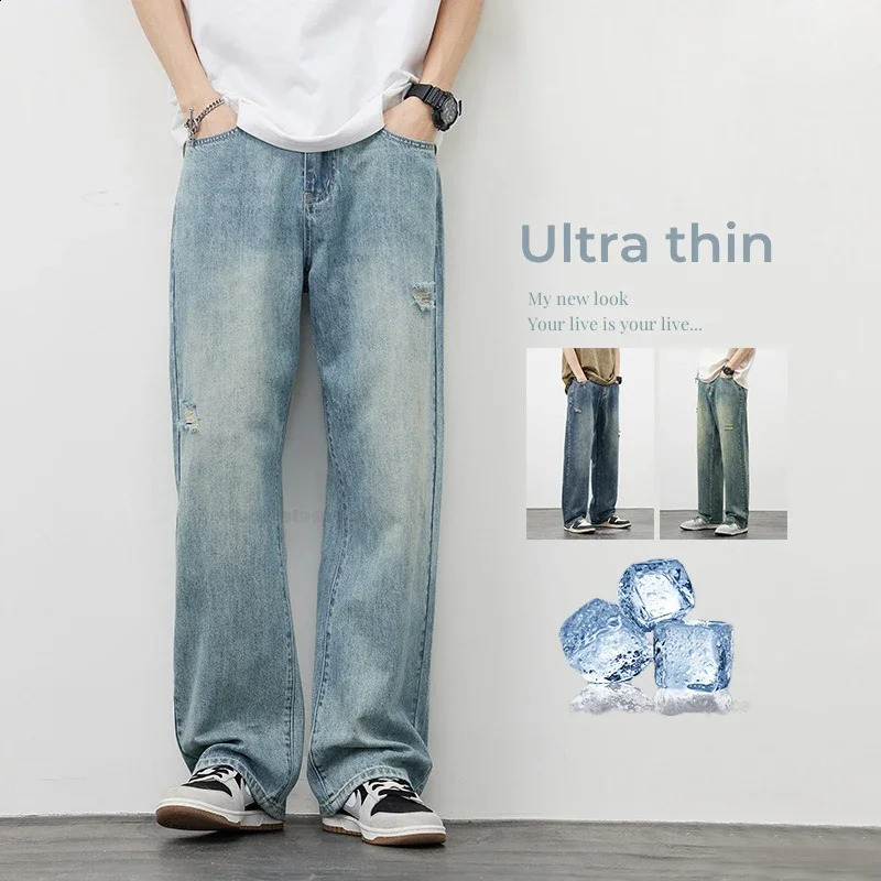 Summer mens slim pocket jeans straight waist vintage pants fashionable durable denim clothing 240925