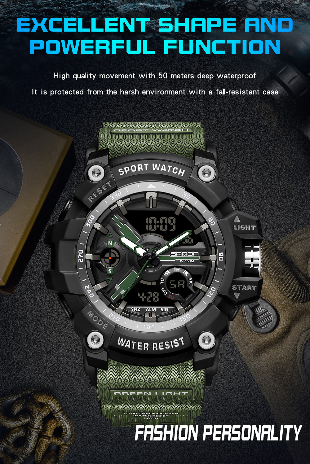 SANDA 3179 Digital Men's Military Watch 50M Waterproof Watch Dual Display Quartz Sports Watch Men's Night Light Relogio Masculino 59