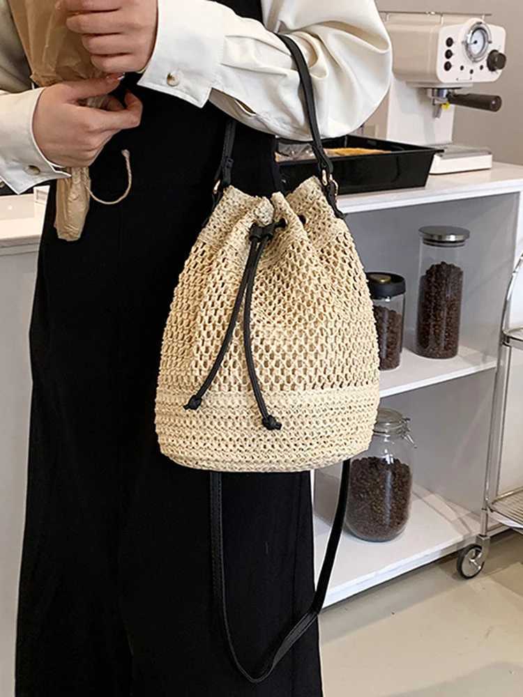 Summer Hand-Woven Handbag Drstring Str Beach Crossbody Bags Adjustable Strap Fashion Casual Simple Portable Elegant for Work M240925