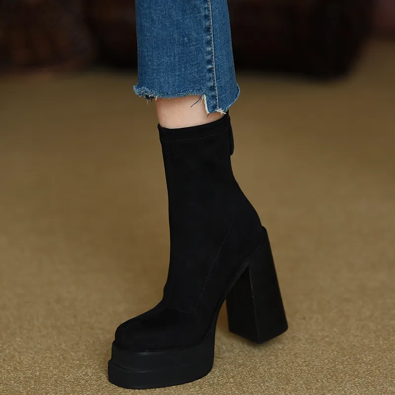 Fashion martin boots Mid Calf Black Boots for Women Trendy Punk Style Winter Platform Stripper Heels