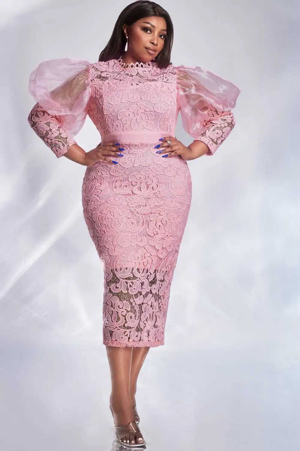 Women Plus Size Formal Dress Pink Lace Puff Sleeve See-Through Midi Dress Elegant Sweet Wedding Guest Cocktail Bodycon Dresses M240924