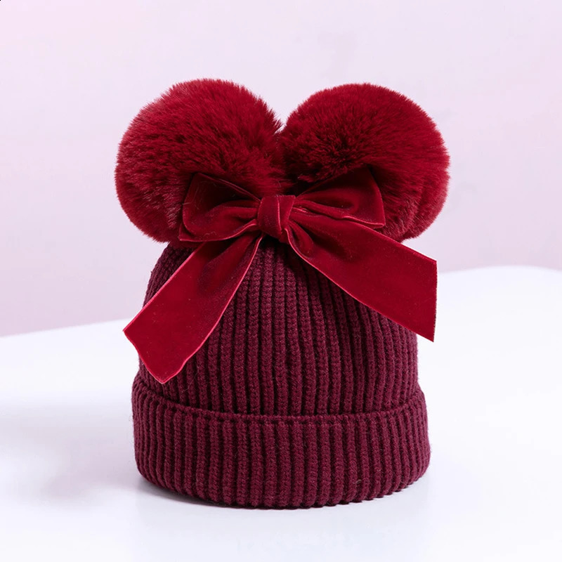 Baby Double Puff Cap Velvet Bow Winter Girls Warm Knitted Thick Ball Children Bean Childrens Hat 240925