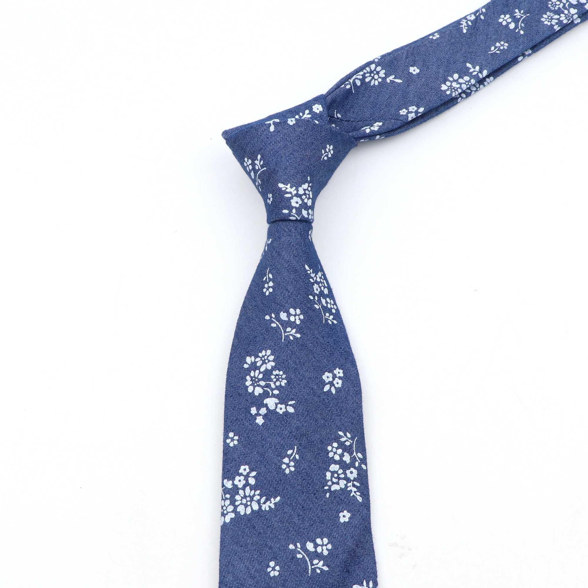 Cotton denim tie mens printed floral dot blue handmade tie used for weddings business leisure parties Y240925