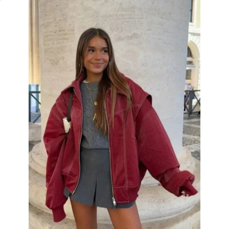 Womens Zipper Leather Bomber Jacket Coats Large Contrast Knitted Collar Long Sleeve Motorcycle Autumn Coat Top 240924