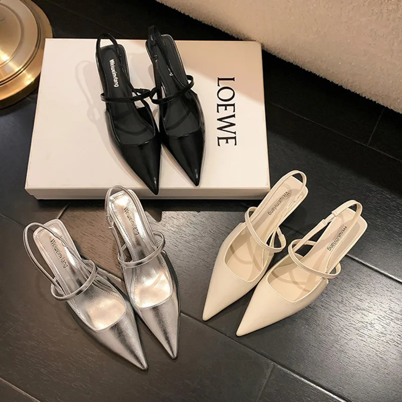 Summer Lady 5cm Thin Heels Fashion Sandals Women Silver Holographic Sandles Female Elastic Pointed Toe Slip On Shoes 240921