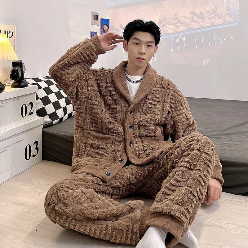 Newest Mens Winter Thicken Warm Flannel Pajamas Sets Male Long Slve Plus Size Pajamas Slpwear Homewear Casual M240925