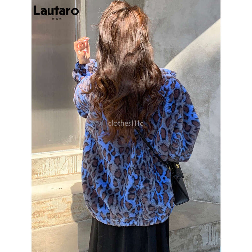Lautaro Winter Oversized Colorful Leopard Print Faux Fur Coat Women Long Sleeve Zip Up Warm Soft Fluffy Jacket Korean Fashion