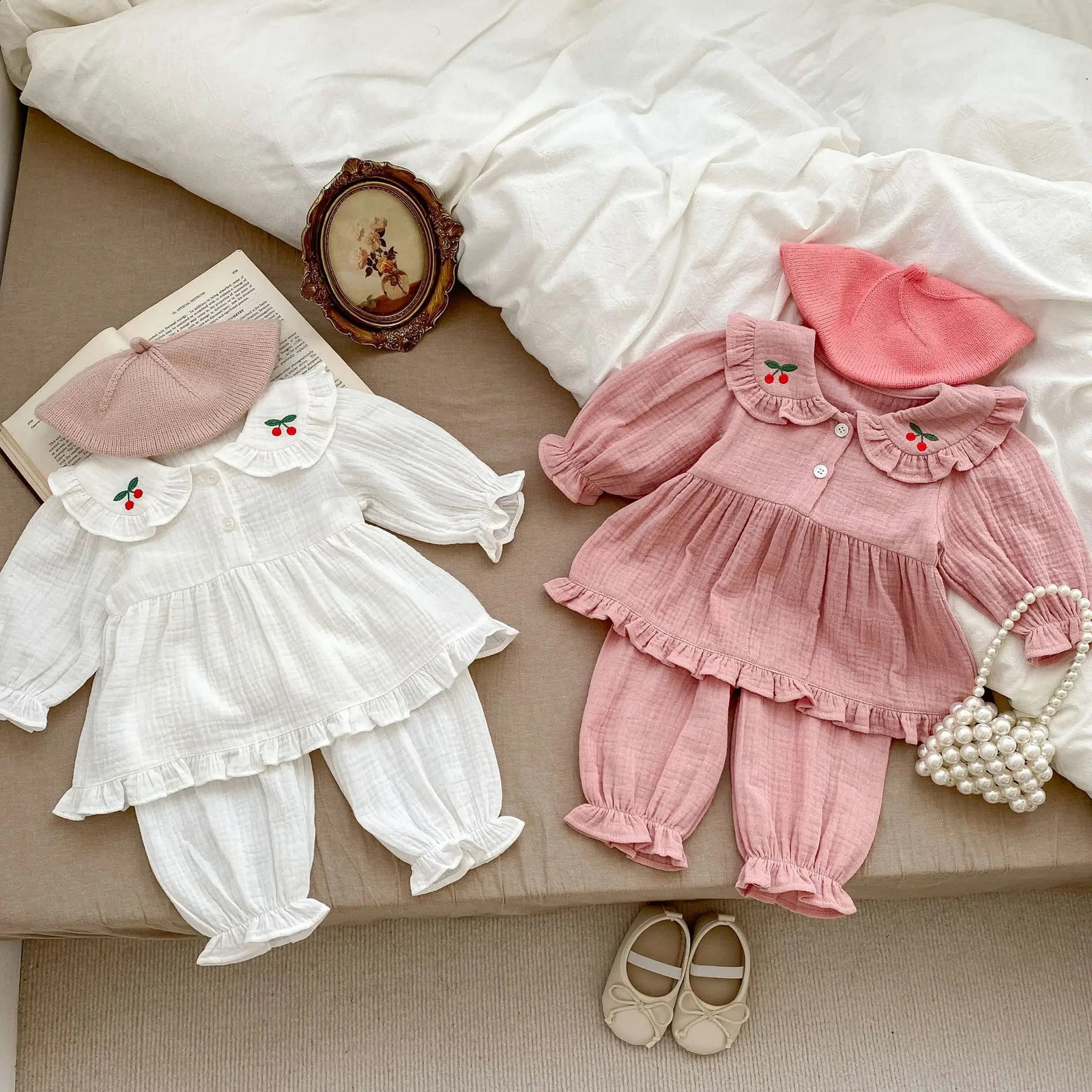 Autumn Spring Baby Girls 2PCS Sleepwear Set Cotton Cherry Loose Top Soft Breathable Pants Preschool 240925