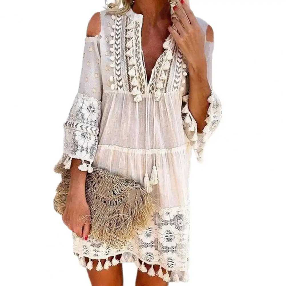 Sexy Womens Shift Dress Long Sleeve Tassel Fringe Lace Robe Strapless Deep V-Neck Female Summer Casual Boho Vacation Dresse M240924
