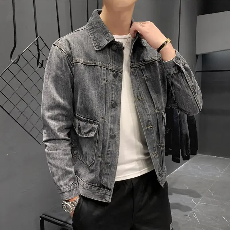 Male Jean Coats Gray Button Mens Denim Jacket Slim Fit Clothing Original Size L Korean Clothes Winter Outerwear Trendy 240920