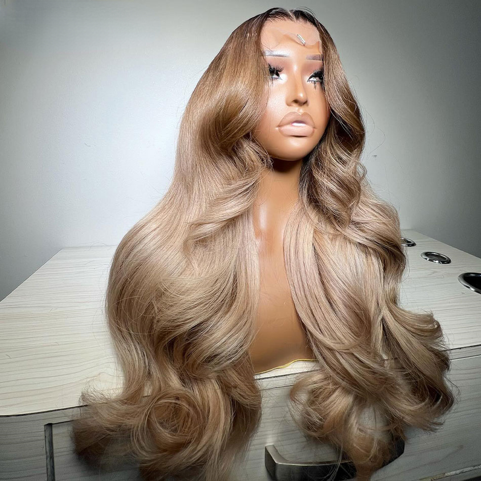 Peruvian Hair Highlight Ash Colored 13X4 HD Lace Frontal Wig Body Wave Ombre Blonde With Brown Roots Synthetic Closurewigs