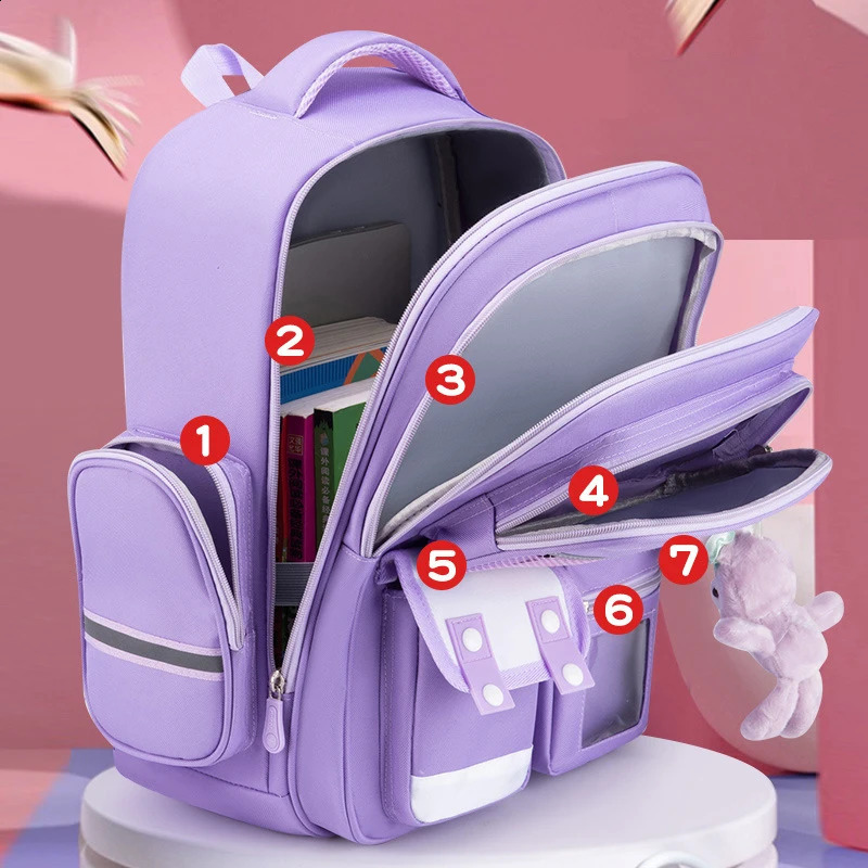 Girls School Bag Orthodontic Junior Waterproof Backpack Cute Purple Multi Pocket Mochila Baby 240724