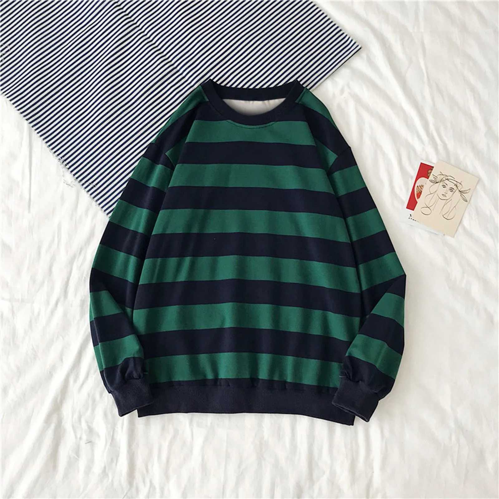 Mens Spring And Autumn Sweatshirts Round Neck Pullover Tops Long Sleeved Stripe Printing Loose Casual Fashion BlousesX240925