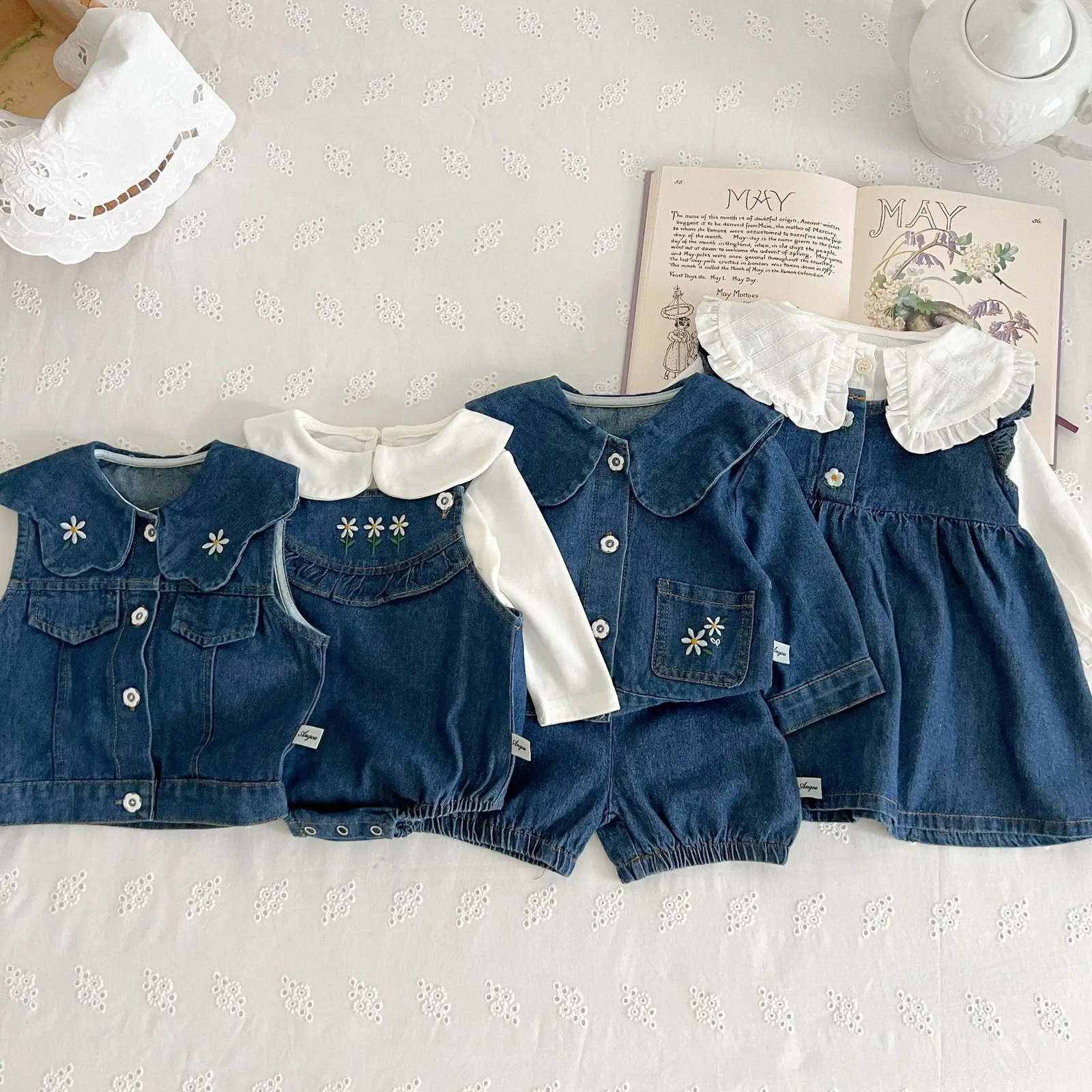 Korean autumn baby girl 3piece cotton long sleeved top denim jacket jumpsuit jeans set toddler 240925