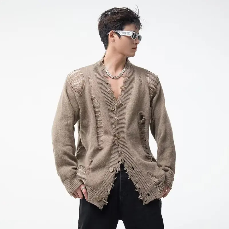 Y2K mens cardigan sweater Japanese Harajuku hole single chest sweater jacket fashionable V-neck streetwear couple high street knitted jacket 240924